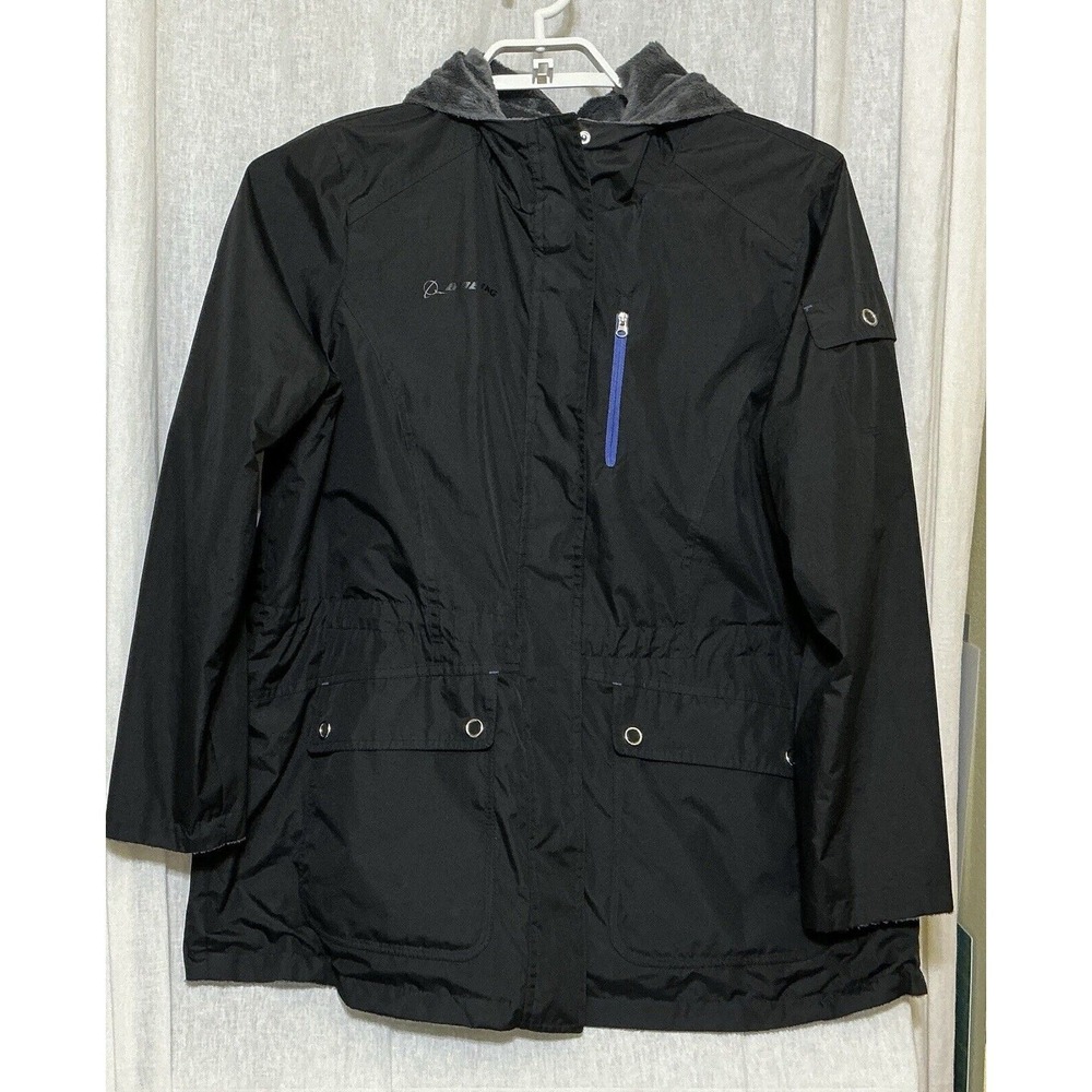 Boeing Woman's Black Reversible Faux Fur Polyester Coat Zip Up Size XL Hooded